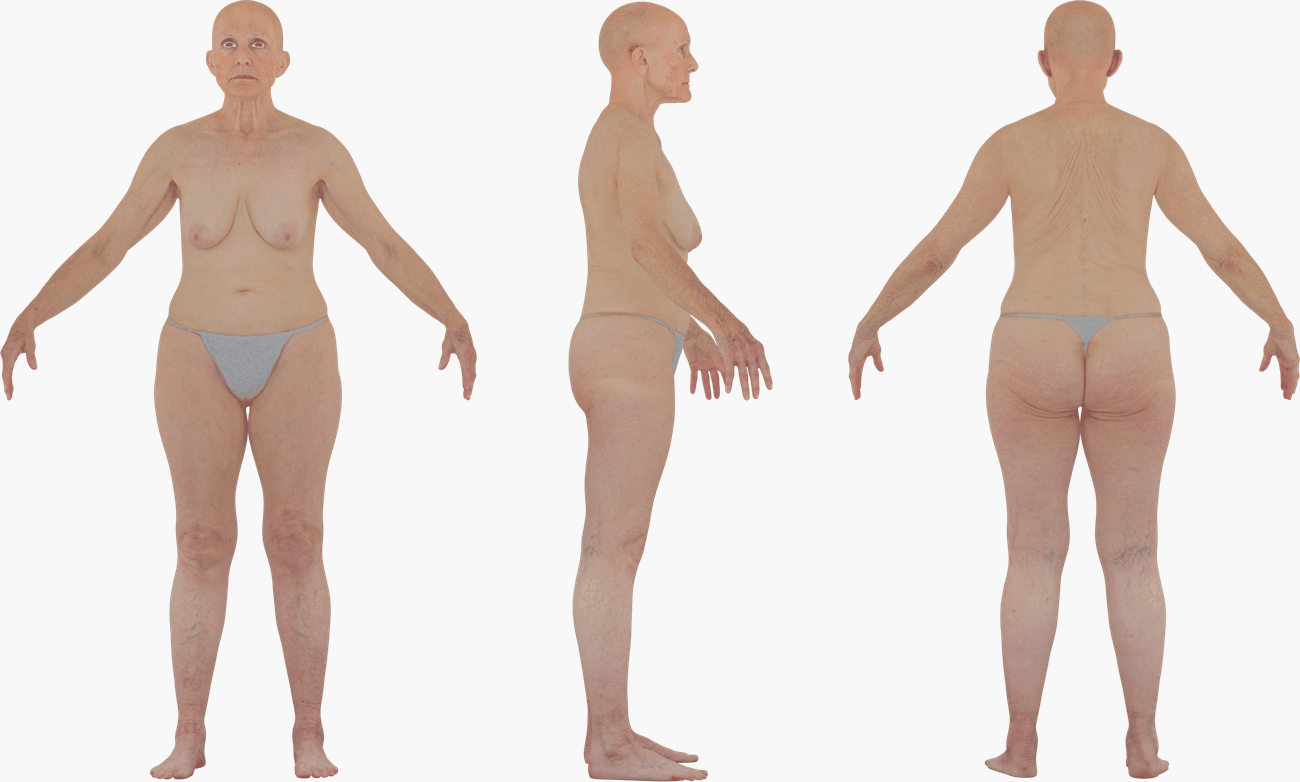 PBR texture map set for an older female 3D body scan including Albedo, Normal, Specular, and Metalness maps
